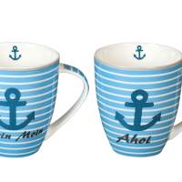 Kaffeebecher Maritim Moin Moin / Ahoi sortiert 300ml blau / weiß, 6er set